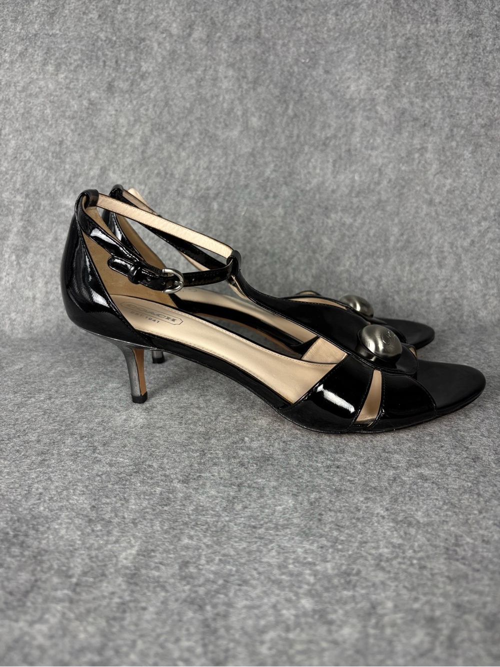 Coach Hellena Black Patent Leather Kitten Heel Sandals 8.5